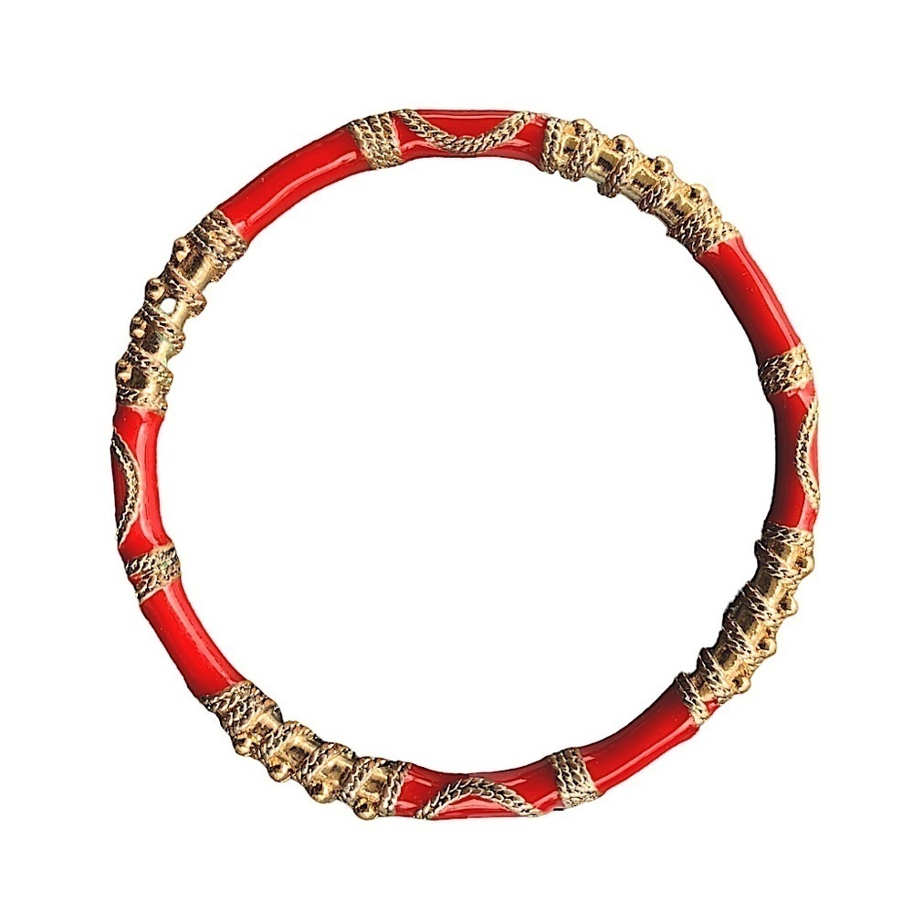 Red Enamel and Gold Bangle Bracelet 8" - Picture 4 of 4